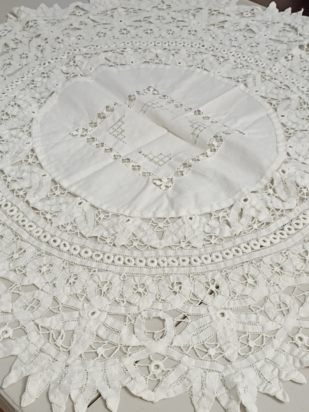 Vintage White Lace Doily Table Accent - Cutwork Battenberg or Table Lace Border